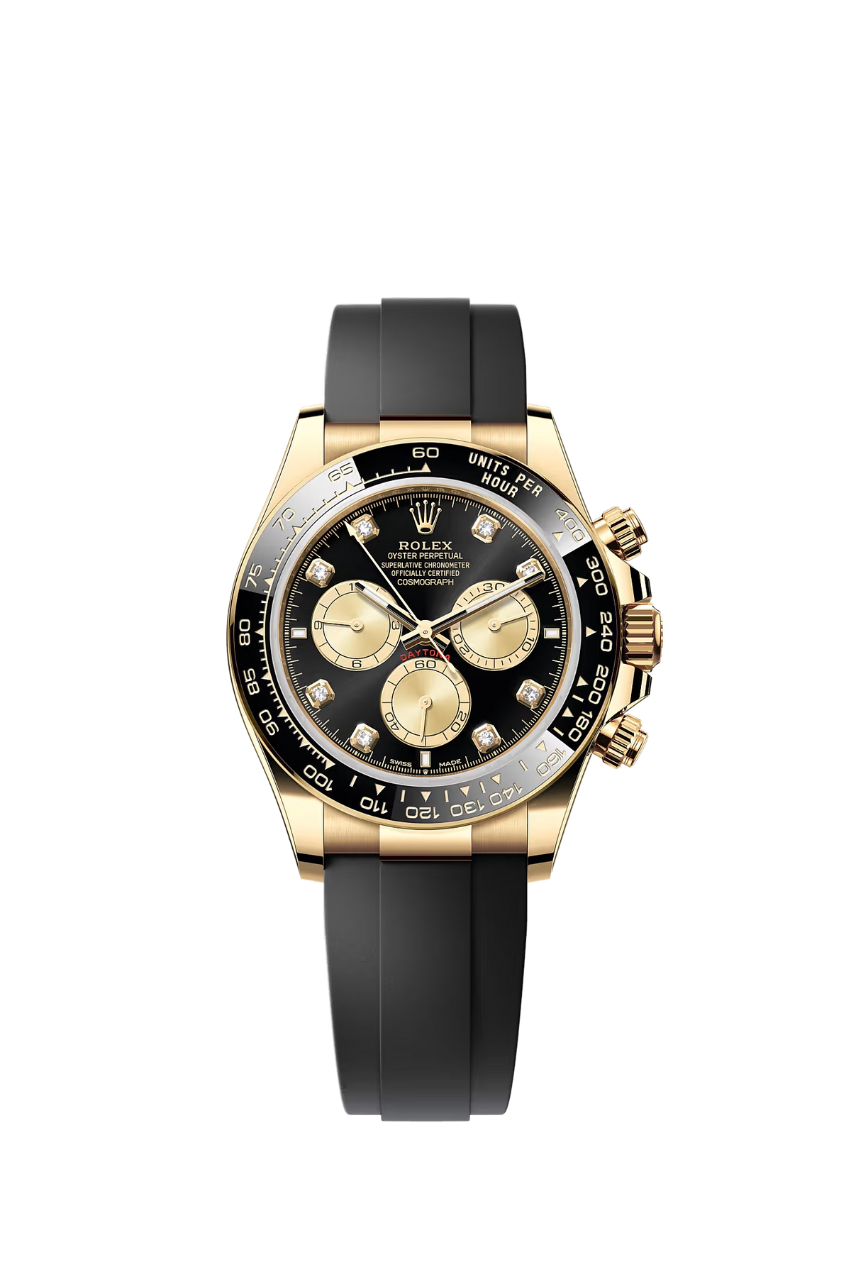 Rolex Cosmograph Daytona yellow gold black diamond dial Oysterflex 126518LN