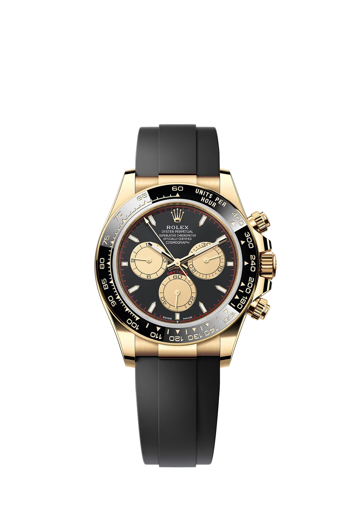 Rolex Cosmograph Daytona yellow gold black dial red track Oysterflex 126518LN